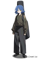 Rule 34 | 1girl, black pants, blue hair, bocchi the rock!, brown shirt, closed mouth, collared shirt, full body, instrument, instrument case, long sleeves, mole, mole under eye, pants, q haoyu, shirt, short hair, simple background, sleeves past wrists, solo, standing, white background, yamada ryo, yellow eyes