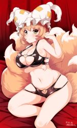 Rule 34 | 1girl, :&lt;, animal hat, artist name, bare arms, bare legs, bare shoulders, bikini, black bikini, breast hold, breasts, cleavage, dated, fox tail, halterneck, hat, heart, large breasts, light brown hair, looking at viewer, mob cap, multiple tails, navel, ofuda, shiny clothes, short hair, signature, sitting, skindentation, solo, sweatdrop, swimsuit, tail, tassel, touhou, white hat, wildcat (kusonemi), yakumo ran, yellow eyes