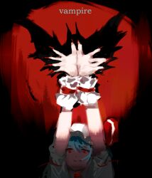 Rule 34 | 1girl, arms up, blue hair, english text, fingernails, hair ribbon, hat, long fingernails, looking up, mob cap, own hands together, red background, red eyes, red nails, red ribbon, remilia scarlet, ribbon, shadow, shadow puppet, sharp fingernails, short sleeves, sparkle71059204, touhou, white hat, white wrist cuffs, wrist cuffs