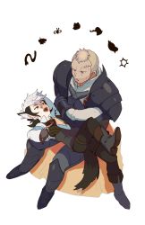 Rule 34 | 2boys, animal ears, armor, armored boots, beard, benny (fire emblem), black hair, blonde hair, boots, facial hair, fire emblem, fire emblem fates, gauntlets, gloves, kana0503, keaton (fire emblem), long hair, mouse (animal), multicolored hair, multiple boys, nintendo, open mouth, red eyes, scar, simple background, sitting, tail, two-tone hair, white background, white hair, wolf ears, wolf tail