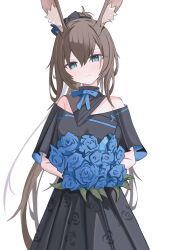 Rule 34 | 1girl, absurdres, amiya (arknights), animal ear fluff, animal ears, arknights, black bow, black dress, blue eyes, blue flower, blue ribbon, bouquet, bow, breasts, brown hair, commentary request, cowboy shot, dress, flower, hair between eyes, hair bow, head tilt, highres, holding, holding bouquet, holding flower, long hair, looking at viewer, neck ribbon, nui (nuinui0300), off-shoulder dress, off shoulder, partial commentary, ponytail, rabbit ears, rabbit girl, ribbon, simple background, small breasts, smile, solo, very long hair, white background