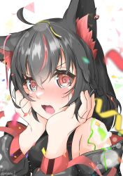 Rule 34 | 1girl, @ @, absurdres, ahoge, animal ear fluff, animal ears, bare shoulders, black hair, black jacket, black shirt, blurry, blurry background, blush, braid, commentary request, confetti, crop top, earrings, fox ears, fox girl, hair between eyes, hands on own cheeks, hands on own face, highres, hololive, jacket, jewelry, kurokami fubuki, long hair, looking at viewer, multicolored hair, open clothes, open jacket, open mouth, payano i, red eyes, red hair, shirt, sidelocks, single braid, sleeveless, sleeveless shirt, solo, streaked hair, virtual youtuber