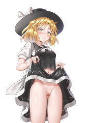 Rule 34 | absurdres, ailu elf, black hat, black vest, blush, bow, breasts, cleft of venus, closed mouth, clothes lift, collared vest, commentary request, cowboy shot, fedora, gluteal fold, hat, hat bow, highres, legs, lifting own clothes, midriff, navel, no panties, pink bow, puffy short sleeves, puffy sleeves, pussy, ribbon, shirt, short sleeves, simple background, skirt, skirt lift, small breasts, smile, stomach, thighs, touhou, touhou (pc-98), uncensored, vest, white background, white ribbon, white shirt, yellow eyes, yuki (touhou)