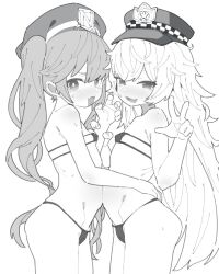 Rule 34 | 2girls, arm grab, bikini, blush, breasts, cowboy shot, fang, flamberge lo, flat chest, goddess of victory: nikke, hair between eyes, hat, long hair, looking at viewer, messy hair, micro bikini, miranda (nikke), monochrome, multiple girls, open mouth, poli (nikke), sailor hat, sidelocks, simple background, skin fang, small breasts, swimsuit, twintails, very long hair, w, white background