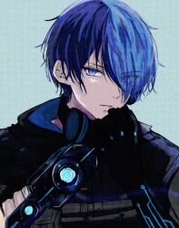Rule 34 | 1boy, aoyagi touya, blue hair, close game/offline (project sekai), commentary request, dark blue hair, eyes visible through hair, gun, hair over one eye, highres, holding, holding gun, holding weapon, looking at viewer, male focus, maruto ya, mask, unworn mask, multicolored hair, official alternate costume, official alternate hairstyle, one eye covered, parted lips, project sekai, short hair, simple background, solo, split-color hair, two-tone hair, upper body, weapon