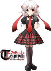 Rule 34 | 1girl, cross, earrings, goth fashion, jewelry, latin cross, looking at viewer, miniskirt, necktie, nimura yuuji, petite, plaid, plaid skirt, red eyes, riona, riona (triptych), saiga (company), short hair, simple background, skirt, solo, thighhighs, triptych, white background, white hair