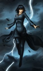 Rule 34 | 1girl, 2016, arms at sides, artist name, black dress, black hair, breasts, brian rivera, closed mouth, cloud, cloudy sky, covered navel, dated, dress, electricity, eyelashes, floating, fubuki (one-punch man), full body, green eyes, high collar, highres, jewelry, levitation, lightning, lightning bolt symbol, lips, long sleeves, looking at viewer, medium breasts, midair, necklace, one-punch man, pearl necklace, pink lips, short hair, signature, sky, smile, solo