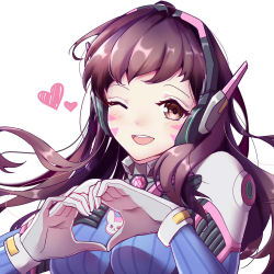 Rule 34 | 1girl, animal print, blue bodysuit, bodysuit, breasts, brown eyes, brown hair, d.va (overwatch), facepaint, facial mark, gloves, headphones, heart, heart hands, high collar, long hair, looking at viewer, medium breasts, one eye closed, open mouth, overwatch, overwatch 1, pilot suit, pink lips, rabbit print, ribbed bodysuit, shoulder pads, simple background, skin tight, smile, solo, swept bangs, upper body, whisker markings, white background, white gloves, zhong chai