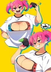Rule 34 | 1girl, blue eyes, breasts, cleavage, cleavage cutout, clothing cutout, grin, huge breasts, kukeiha (squarewave29), nintendo, nintendo switch, nintendo switch pro controller, open mouth, original, pink hair, shirt, short hair, simple background, smile, teeth, twintails, upper body, white shirt, yellow background
