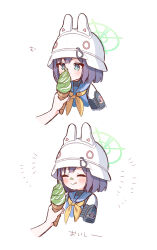 Rule 34 | 1girl, 2koma, absurdres, blue archive, blue eyes, blue hair, blue sailor collar, blush, bright pupils, comic, commentary request, disembodied hand, feeding, food, food on face, halo, helmet, highres, hyakucha, ice cream, ice cream cone, licking lips, neckerchief, sailor collar, saki (blue archive), short hair, solo, tongue, tongue out, upper body, white helmet, white pupils, yellow neckerchief