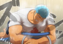 Rule 34 | 2boys, bara, between pectorals, blue hair, crushing, highres, large pectorals, looking at another, lying, lying on person, male focus, manly, mature male, multiple boys, muscular, muscular male, on stomach, original, pectorals, red eyes, shirt, short hair, shorts, sideburns, size difference, spiked hair, squash, sweat, sweatdrop, t-shirt, ta koazuma, table, teeth, thick arms, tight clothes, veins, veiny arms, yellow eyes
