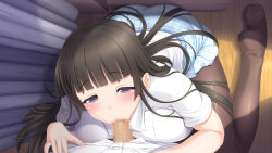 Rule 34 | 1boy, 1girl, :&gt;=, artist request, black hair, blush, breast press, breasts, censored, character request, fellatio, game cg, hetero, highres, long hair, mole, mole under eye, mosaic censoring, oral, pantyhose, penis, pov, purple eyes, sitting, skirt, source request, tagme, wariza