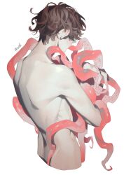 Rule 34 | 1boy, brown hair, covered eyes, cropped torso, fingernails, from side, hair over eyes, hand up, highres, male focus, nude, numbered, hugging object, original, ribs, short hair, shoulder blades, simple background, solo, tentacles, uhui, upper body, wet, white background