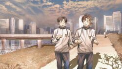 Rule 34 | 2boys, bachira meguru, black hair, black pants, blue lock, bridge, building, cityscape, clenched hands, cloud, commentary, feet out of frame, grey eyes, highres, isagi yoichi, jacket, jogging, looking at another, male focus, multiple boys, open mouth, outdoors, pants, river, shadow, short hair, sky, smile, standing, symbol-only commentary, white jacket, yellow eyes, yorha 2b2e