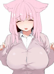 Rule 34 | 1girl, animal ears, breasts, character request, closed eyes, commentary request, copyright request, grey sweater, large breasts, long sleeves, medium hair, open mouth, pink hair, shirt, simple background, solo, sweater, terazip, upper body, white background, white shirt