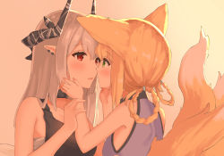 Rule 34 | 2girls, animal ears, arknights, bandages, bare arms, bare shoulders, black choker, black tank top, blonde hair, blush, choker, commentary request, eye contact, female focus, fox ears, fox tail, highres, horns, infection monitor (arknights), long hair, looking at another, mudrock (arknights), multiple girls, parted lips, pointy ears, red eyes, sarashi, silver hair, suzuran (arknights), tail, tank top, upper body, yuetsu, yuri