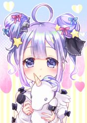Rule 34 | 1girl, :o, ahoge, alternate hairstyle, azur lane, bad id, bad pixiv id, black bow, black ribbon, blue bow, blush, bow, commentary request, double bun, dress, hair bow, hair bun, hair ornament, hair ribbon, head tilt, heart, holding, holding stuffed toy, long sleeves, looking at viewer, nekomiya noru (yuduki710), parted lips, pink bow, purple eyes, purple hair, ribbon, side bun, sleeves past wrists, solo, star (symbol), star hair ornament, striped, striped background, stuffed animal, stuffed pegasus, stuffed toy, stuffed unicorn, stuffed winged unicorn, two side up, unicorn (azur lane), vertical stripes, white dress
