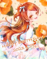 Rule 34 | 1girl, blurry, blush, breasts, dated, depth of field, dress, falling petals, floral background, happy birthday, highres, idolmaster, idolmaster million live!, kori (spinsongs), long hair, looking at viewer, looking back, ogami tamaki, one side up, orange hair, petals, skirt hold, sleeveless, sleeveless dress, small breasts, smile, solo, swept bangs, very long hair, white dress