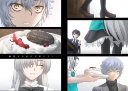 Rule 34 | 1girl, 2boys, ahnenerbe, alternate costume, anastasia (fate), apron, bags under eyes, black bow, black hair, black pantyhose, black skirt, black sweater, blue apron, blue eyes, bow, bowtie, brown footwear, cake, closed eyes, closed mouth, commentary request, fate/grand order, fate (series), food, fujimaru ritsuka (male), grey hair, grey jacket, hair between eyes, hair over one eye, jacket, kadoc zemlupus, long hair, multiple boys, one eye closed, one eye covered, open clothes, open jacket, pantyhose, portrait, russian text, shirt, shoes, shoori (migiha), short hair, skirt, smile, sweater, thumbs up, translation request, turtleneck, turtleneck sweater, waist apron, white hair, white shirt, yellow eyes