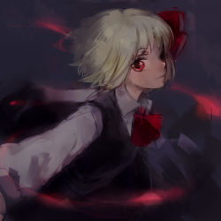 Rule 34 | 1girl, 74 (teduka), black dress, blonde hair, darkness, dress, embodiment of scarlet devil, female focus, hair ribbon, highres, outstretched arms, red eyes, ribbon, rumia, shirt, short hair, solo, touhou, traditional media