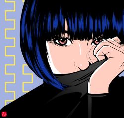 Rule 34 | 1girl, blue hair, chris re5, covered mouth, eyebrows, eyelashes, face, highres, original, pink eyes, signature, solo, turtleneck