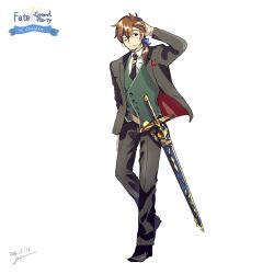 Rule 34 | 1boy, alternate costume, belt, black jacket, black pants, brown hair, dated, dress shirt, facial hair, fate/grand order, fate (series), formal, full body, goatee, goya (xalbino), green vest, hand on own head, handkerchief, hector (fate), jacket, male focus, monocle, necktie, one eye closed, pant suit, pants, ponytail, scabbard, sheath, shirt, signature, solo, suit, sword, tie clip, tuxedo, vest, weapon