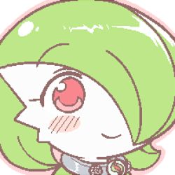 Rule 34 | 1girl, blush, blush stickers, bob cut, closed mouth, collar, colored skin, creatures (company), female focus, game freak, gardevoir, gen 3 pokemon, green hair, green skin, hair over one eye, happy, icon (computing), lotosu, lowres, mega stone, meme, multicolored skin, nintendo, outline, pink outline, pokemon, pokemon (creature), portrait, red eyes, short hair, simple background, smile, solo, two-tone skin, white background, white skin
