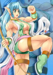 Rule 34 | abs, alop-net, blue eyes, blue hair, bow (weapon), bracer, breasts, center opening, earrings, elf, covered erect nipples, highres, holding, jewelry, leg up, long hair, macto, muscular, open mouth, pointy ears, weapon, zoom layer
