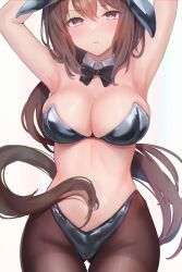 Rule 34 | 1girl, admire vega (umamusume), alternate costume, animal ears, armpits, arms up, black bra, bow, bowtie, bra, breasts, brown hair, brown pantyhose, cleavage, cowboy shot, detached sleeves, gluteal fold, highres, horse ears, horse girl, horse tail, large breasts, long hair, looking at viewer, navel, pantyhose, parted lips, solo, tail, umamusume, underwear, v-shaped eyebrows, very long hair, white background, yonemochi yume