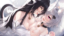 Rule 34 | 2girls, absurdres, after kiss, animal ear fluff, animal ears, asymmetrical docking, bell, black collar, black hair, grabbing another&#039;s breast, breast press, breasts, cat ears, cat hair ornament, cat tail, collar, commentary request, fang, grabbing, grey hair, hair between eyes, hair ornament, hasumi (hasubatake39), highres, kuon (hasumi (hasubatake39)), looking at another, medium breasts, multicolored hair, multiple girls, naked shirt, neck bell, open clothes, open mouth, open shirt, original, pink eyes, saliva, saliva trail, setsuna (hasumi (hasubatake39)), shirt, streaked hair, tail, tongue, tongue out, yellow eyes, yuri
