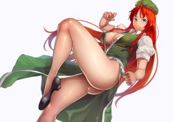 Rule 34 | 1girl, bare legs, beret, blue eyes, bottomless, braid, breasts, china dress, chinese clothes, cleavage, dress, hat, hong meiling, large breasts, legs, long hair, looking at viewer, no panties, pelvic curtain, red hair, shoes, simple background, solo, star (symbol), thick thighs, thighs, tkln, touhou, twin braids, very long hair
