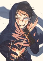 Rule 34 | 1boy, adjusting clothes, black gloves, blue eyes, blurry, brown gloves, brown hair, cloak, colored sclera, crying, crying with eyes open, debris, depth of field, eli clark, fangs, floating hair, furrowed brow, gloves, glowing, hands up, highres, hood, hood up, hooded cloak, long sleeves, looking at viewer, male focus, mismatched sclera, motion blur, nuime (nuishiron), open mouth, outstretched arm, reaching, reaching towards viewer, red sclera, round teeth, short hair, solo, tears, teeth, uneven eyes, upper body, white background, wind