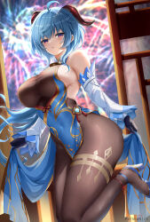 Rule 34 | 1girl, ahoge, bare shoulders, bell, black gloves, blue footwear, blue hair, bodysuit, breasts, brown bodysuit, covered navel, cyicheng, detached sleeves, ganyu (genshin impact), genshin impact, gloves, goat horns, horns, large breasts, long hair, looking at viewer, mixed-language commentary, paid reward available, parted lips, patreon username, purple eyes, solo, thighs, vision (genshin impact)