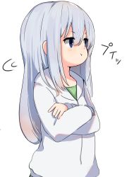 Rule 34 | 1girl, :t, blue eyes, blush, closed mouth, commentary request, crossed arms, gochuumon wa usagi desu ka?, green shirt, grey hair, hair between eyes, highres, hood, hood down, hooded jacket, houjichaoic, jacket, kafuu chino, long hair, long sleeves, looking away, pout, shirt, simple background, solo, upper body, white background, white jacket