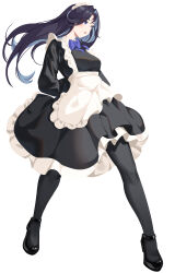 Rule 34 | 1girl, absurdres, apron, arms behind back, black dress, black footwear, black hair, black pantyhose, blue eyes, bow, bowtie, breasts, colored inner hair, dress, eyes visible through hair, frilled apron, frills, full body, grey hair, highres, long hair, looking ahead, maid, maid apron, maid headdress, multicolored hair, original, pantyhose, parted lips, platform footwear, platform heels, purple bow, purple bowtie, simple background, small breasts, solo, standing, tachi-e, two-tone hair, white background, zuomunan