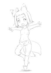 Rule 34 | 1girl, ahoge, animal ears, balancing, chibi, denim, fox ears, fox tail, greyscale, highres, jeans, monochrome, multiple tails, navel, niwatazumi, open mouth, original, outstretched arms, pants, short hair, sidelocks, sketch, solo, spread arms, strapless, tail, tube top, white background