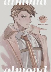 Rule 34 | 1boy, 30 (mitsumaru), almond cookie, blue eyes, brown hair, chest belt, collared jacket, collared shirt, cookie, cookie run, dotsuco, food, highres, jacket, looking to the side, male focus, necktie, open clothes, open jacket, serious, shirt, solo, text focus, upper body, vertical-striped clothes, vertical-striped necktie