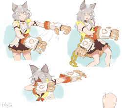 Rule 34 | 1girl, 1other, absurdres, animal ears, armband, artist name, breasts, cat ears, claw (weapon), closed eyes, closed mouth, collar, dab (dance), dancing, dress, fang, fikkyun, flower, gloom (expression), granblue fantasy, grey hair, hair flower, hair ornament, highres, long hair, multiple views, open mouth, sen (granblue fantasy), sequential, shaded face, short dress, sleeveless, sleeveless dress, small breasts, smile, speed lines, weapon