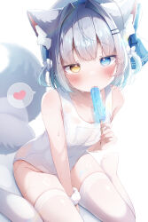 Rule 34 | 1girl, absurdres, alternate color school swimsuit, animal ear fluff, animal ears, between legs, blue eyes, blue ribbon, blush, collarbone, commentary request, food, grey hair, hair ornament, hair ribbon, hairclip, hand between legs, heart, heterochromia, highres, holding, holding food, holding popsicle, komugi (2212), licking, looking at viewer, no shoes, original, popsicle, ribbon, school swimsuit, short hair, sitting, speech bubble, spoken heart, swimsuit, tail, thighhighs, two side up, wariza, white swimsuit, white thighhighs, yellow eyes