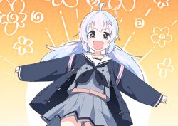 Rule 34 | + +, 1girl, absurdres, ahoge, black coat, black neckerchief, blue archive, blue hair, blush, clenched hands, coat, commentary request, cowboy shot, dutch angle, excited, flower (symbol), grey serafuku, hair ornament, highres, korean commentary, long hair, long sleeves, looking at viewer, low twintails, luke (dydansgur), midriff, multicolored background, multicolored hair, navel, neckerchief, open clothes, open coat, open mouth, orange background, outstretched arms, panties, pantyshot, pink hair, pink panties, purple eyes, reisa (blue archive), sailor collar, school uniform, serafuku, smile, solo, spread arms, star (symbol), star hair ornament, tareme, twintails, two-tone hair, underwear, v-shaped eyebrows, white background, white sailor collar
