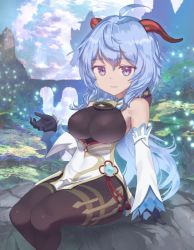 Rule 34 | 1girl, ahoge, bare shoulders, bell, black gloves, blue hair, breasts, detached sleeves, ganyu (genshin impact), genshin impact, gloves, gold trim, horns, large breasts, long hair, looking at viewer, neck bell, omaesan (camp-192), outdoors, pantyhose, parted lips, purple eyes, rock, sidelocks, sitting, sitting on rock, smile, solo, tassel, thick thighs, thighlet, thighs, vision (genshin impact), white sleeves