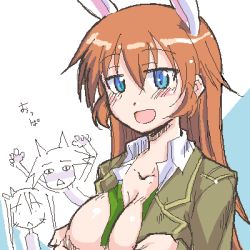 Rule 34 | 00s, 3girls, :d, animal ears, arms up, between breasts, blue eyes, blush, breasts, charlotte e. yeager, cleavage, francesca lucchini, large breasts, long hair, lowres, miyafuji yoshika, multiple girls, non-web source, oekaki, open clothes, open mouth, open shirt, orange hair, rabbit ears, rabbit girl, shirt, smile, strike witches, upper body, white background, world witches series