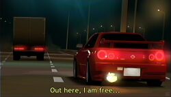 Rule 34 | car, commentary, english commentary, english text, from behind, glowing, highres, highway, lamppost, motor vehicle, nissan, nissan skyline, nissan skyline gt-r, nissan skyline r34, no humans, original, outdoors, spoiler (automobile), subtitled, tail lights, truck, vee (427deer), vehicle focus