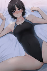 Rule 34 | 1girl, amagami, arms up, bed sheet, black hair, black one-piece swimsuit, blue one-piece swimsuit, blush, breasts, breath, brown eyes, collarbone, commentary, competition swimsuit, covered navel, from above, grip, highleg, highleg swimsuit, highres, looking at viewer, lying, medium breasts, nanasaki ai, nose blush, on back, on bed, one-piece swimsuit, raised eyebrows, sheet grab, short hair, solo, spread legs, swimsuit, two-tone swimsuit, yoo tenchi