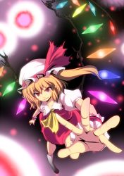Rule 34 | 1girl, blonde hair, danmaku, female focus, flandre scarlet, foreshortening, hat, outstretched arm, outstretched hand, red eyes, serious, side ponytail, solo, suna (sunaipu), sunaipu, touhou, wings, wrist cuffs