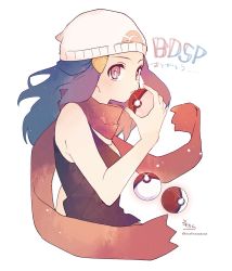 Rule 34 | 1girl, bare arms, bare shoulders, beanie, black hair, black shirt, commentary request, copyright name, creatures (company), dawn (pokemon), game freak, glint, hair ornament, hairclip, hand up, hat, highres, holding, holding poke ball, long hair, looking at viewer, nintendo, parted lips, poke ball, poke ball (basic), pokemon, pokemon bdsp, red eyes, red scarf, scarf, shirt, signature, simple background, sleeveless, sleeveless shirt, sofra, solo, twitter username, upper body, white background, white hat