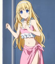 Rule 34 | 10s, 1girl, amagi brilliant park, bikini, blonde hair, blue eyes, blush, drill hair, highres, kyoto animation, latifa fleuranza, long hair, looking at viewer, open mouth, screencap, solo, standing, stitched, swimsuit, third-party edit