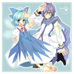 Rule 34 | 1boy, 1girl, bad feet, bad id, bad pixiv id, barefoot, blue eyes, blue hair, blue scarf, blush, bow, cirno, crossover, embodiment of scarlet devil, fang, feet, hair bow, kaito (vocaloid), midriff, mikipa, nail polish, navel, one eye closed, perfect cherry blossom, salute, scarf, short hair, smile, touhou, vocaloid, wink
