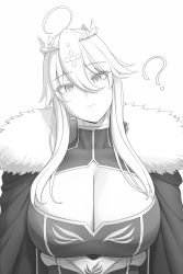 Rule 34 | 1girl, ahoge, artoria pendragon (fate), artoria pendragon (lancer) (fate), breasts, cleavage, coat, crown, eyes visible through hair, fate/grand order, fate (series), greyscale, hair between eyes, hair ornament, head tilt, highres, large breasts, long hair, looking at viewer, lvl (sentrythe2310), monochrome, white background