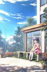 Rule 34 | 1girl, bench, black footwear, blue eyes, blue hair, blush, book, bow, building, cardigan, cloud, collaboration, day, dress, flower, full body, grass, hair bow, hinoue itaru, kouzuki mio, lamppost, mary janes, mocha (cotton), neck ribbon, official art, one - kagayaku kisetsu e, outdoors, own hands together, red dress, red ribbon, ribbon, sailor collar, school uniform, shoes, short hair, sitting, sky, sleeves past wrists, smile, solo, sunlight, thighhighs, white thighhighs, zettai ryouiki